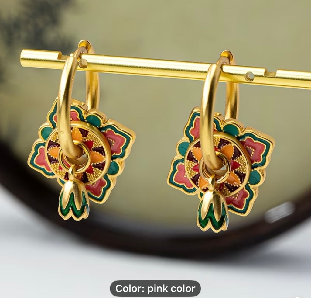 Hridaya Floral Charm Hoop Earrings – Multicolour Enamel Gold Hoops
