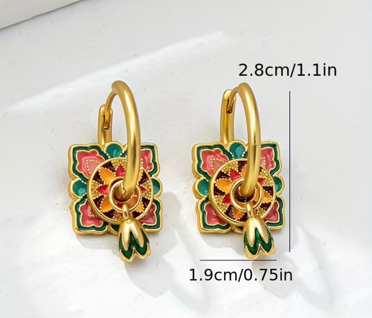 Hridaya Floral Charm Hoop Earrings – Multicolour Enamel Gold Hoops