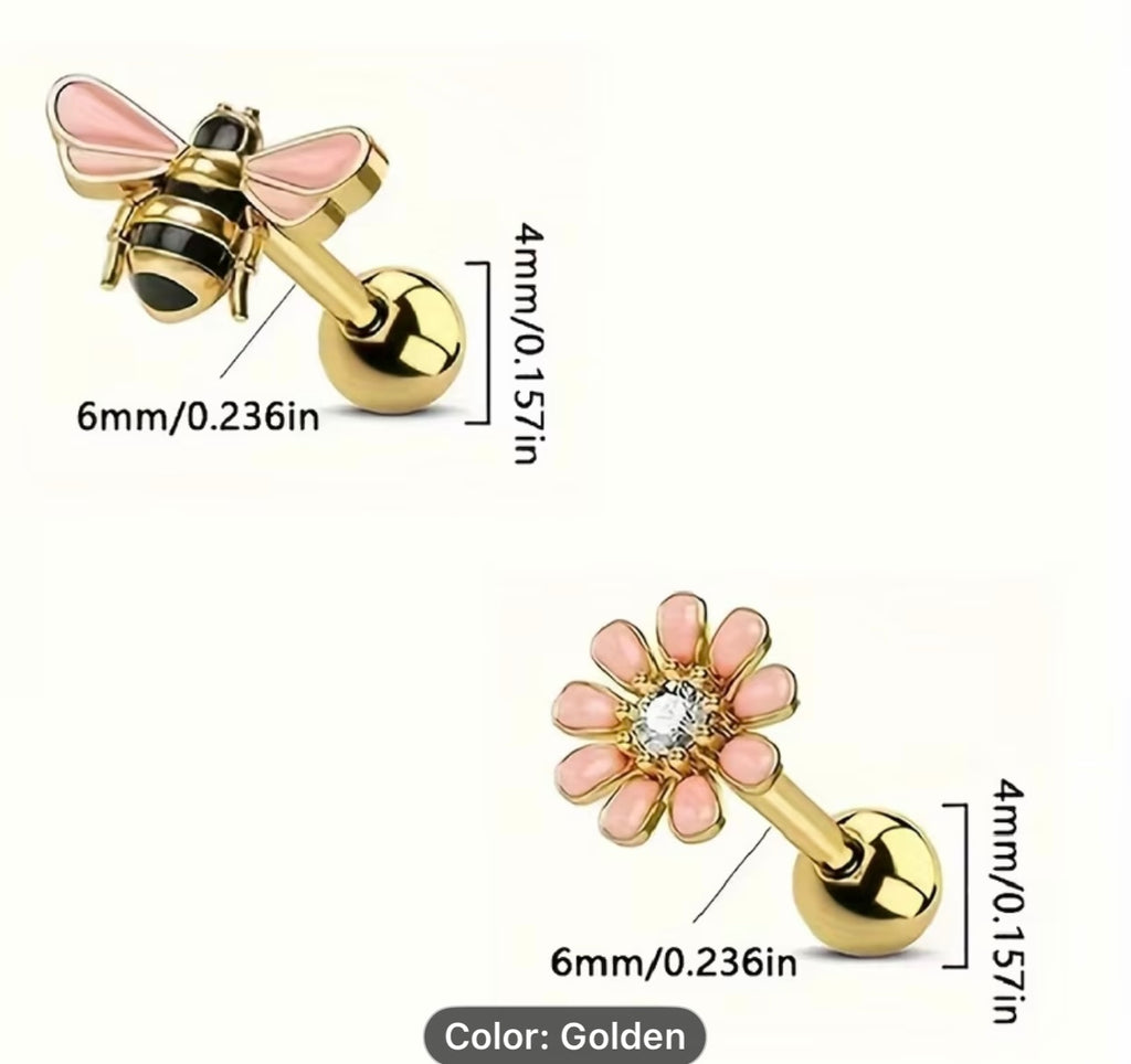 Hridaya Bee & Blossom Stud Earrings – Gold Enamel Floral & Honeybee Design