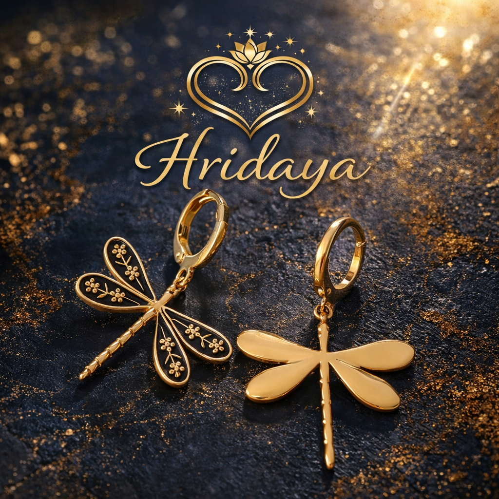 Hridaya Golden Dragonfly Drop Earrings – Elegant Dual Design