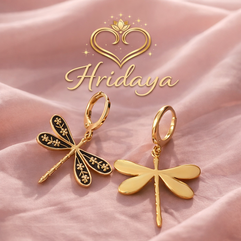Hridaya Golden Dragonfly Drop Earrings – Elegant Dual Design