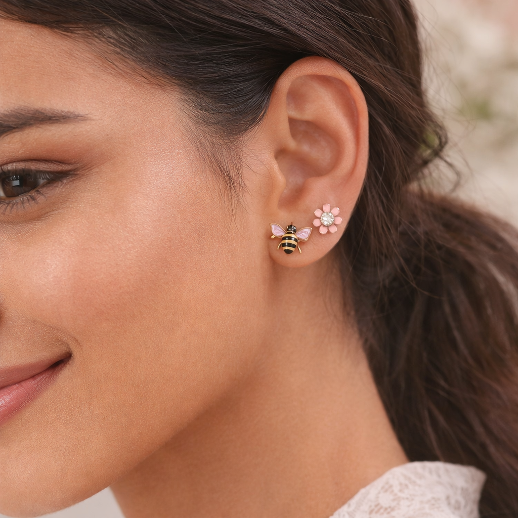Hridaya Bee & Blossom Stud Earrings – Gold Enamel Floral & Honeybee Design