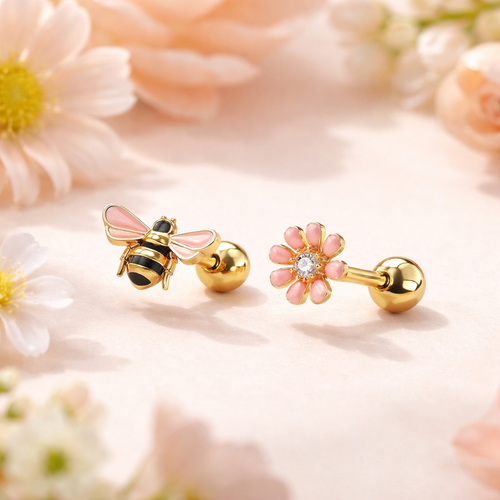 Hridaya Bee & Blossom Stud Earrings – Gold Enamel Floral & Honeybee Design
